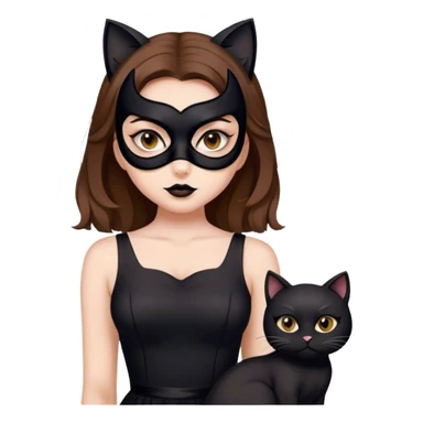 Girl with brown medium hair, white skin, in black dress with black cat mask sticker