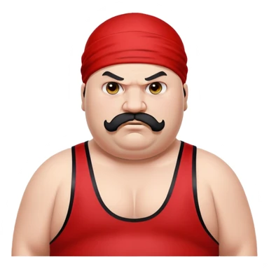 Extreme close-up of face of morbidly obese white skin guy with young face, prominent BLACK DURAG tied clearly on head, distinct black beard and mustache, black eyes in a red and black wrestling singlet with angry expression sticker