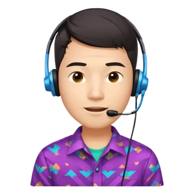 A young Asian man with smooth light skin, dark hair that swoops upward in the front, expressive eyes, a clean-shaven face, and a call-center style headset over one ear, flamboyent  sticker