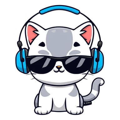 Grey kitten with sunglasses and a headset sticker