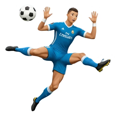 Ronaldo doing a bicycle kick with football in mid air While wearing a Retro blue Real madrid kit and yes i want it to be exactly the same as he Scored it in 2018 vs Juventus  sticker