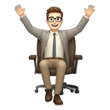 Joyful Celebrating victory Hands up Pale skinned Fit Man With dark brown hair in gray jacket, beige office shirt, Brown pants and vintage glasses sitting In a soft chair sticker