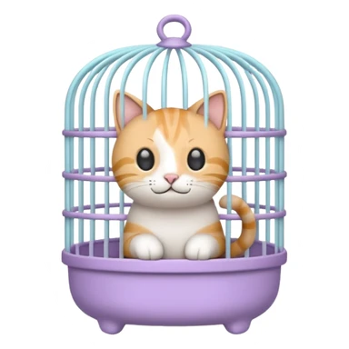 A cute emoji-style cat cage — rounded, cartoon look, clean outline, pastel colors. Vertical metal bars in front, small handle on top, and soft edges. Simple, minimal details, high contrast, with no cat inside sticker