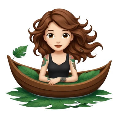 cute woman long wavy brown hair tattoos floating on leaf boat sticker