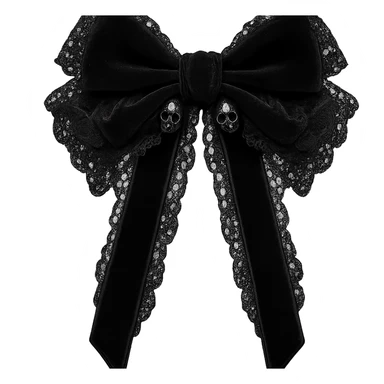 Edit the image to depict a black gothic bow with lace details, dark black accents, tiny skull charms, and black velvet ribbons. The background should be removed. Maintain a gothic style with intricate lace and velvet textures, emphasizing the dark and elegant aesthetic. sticker