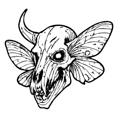 detailed red line art of nightmarish minotaur-stoat hybrid skull with fractured horn and sinister glowing eye, detailed deteriorating moth wings, extensive weathering with deliberately missing pieces, scratched surfaces, and worn edges, twisted asymmetrical features, complex textures, some hollow/transparent sections, 100% red horror imagery sticker