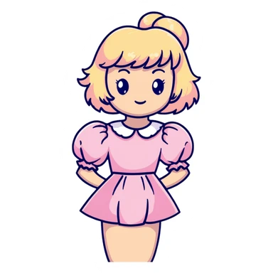 Blonde, pale girl with bangs and curly hair and a pastel pink puff sleeve dress sticker