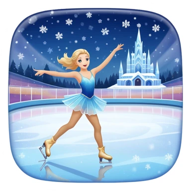 An icon featuring a shimmering rink, colorful spotlights, snowflakes gently falling from the sky, and an audience in the stands, with a snowy landscape visible through large windows with a graceful figure skater performing a spin on a sparkling ice rink. Transparent background. sticker
