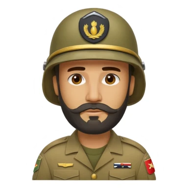 tired Iraqi military, in a helmet, with a beard sticker