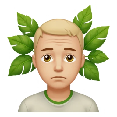 tired sad man with sweat on forehead, plant behind sticker