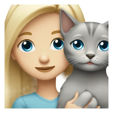 blonde girl with blue eyes hugs grey cat with brown eyes  sticker