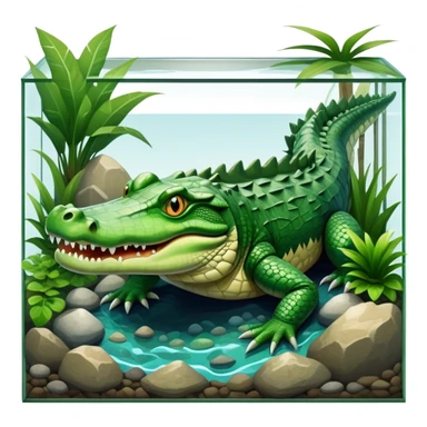 Crocodile resting in a large square terrarium, surrounded by rocks, water, and tropical plants. The green scales of the crocodile glisten under the light, with its sharp eyes focused ahead. The background features a naturalistic habitat with plants and water, giving it a lifelike feel. sticker