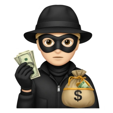 A emoji of a person wearing a robber outfit and a black hat and a black mask and a Money Bag sticker