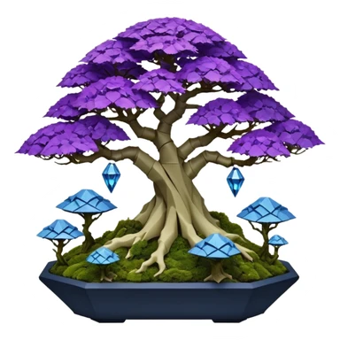 Futuristic wild glowing et alien moss maples Bonsai hair-fine-leaf group multi faceted intricate crystal boxwood Darth Vaderpurple and cream rose blue informal rocky cliffhanger eight trees forest planting in shallow origami slab style pot with big anthropomorphic feet  sticker