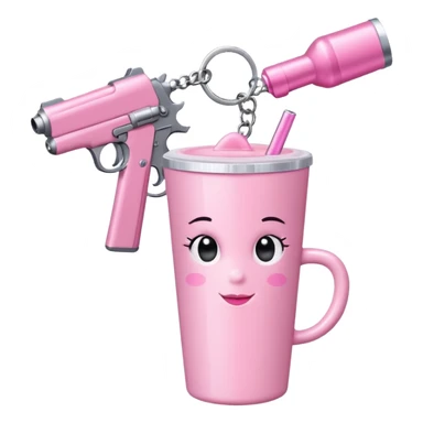Minimalist figure with a cute pink aesthetic. It has a sparkly pink bow on its head, a pink gun keychain hanging nearby that is shooting up in the air, and is holding a large pink tumbler cup. The background is simple white with a soft shadow for a clean look. sticker