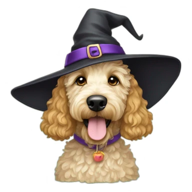 Short haired wavy blonde golden doodle with a witch hat on sticker