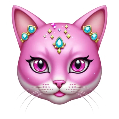 glamorous cat portrait, head and shoulders only, exaggerated pink makeup, bright eyeshadow, long eyelashes, shiny blush cheeks, sparkling face gems, glitter accents, elegant earrings, fantasy beauty style, cute 3D cartoon, mobile game icon style, clean background, no text, no watermark
 sticker