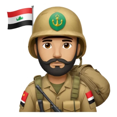 A tired and sad, swarthy Iraqi soldier with a beard, an Iraqi flag on his helmet, a sad expression and bags under his eyes sticker