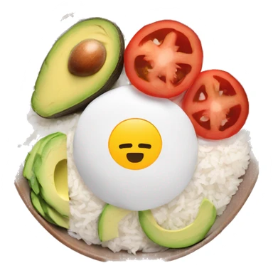 a big bowl with white rice, tomatoes, green sliced paprika, sliced avocado and pink joghurt sticker