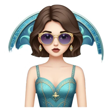 Create the zodiac sign leo as a pale brunette girl with elaborate makeup and dress that matches the zodiac sign, wearing sunglasses, confident sticker