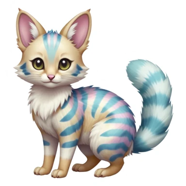  cute adorable whitish pastel fur with random colorful markings iridescent beautiful elegant pretty precious cute  Fakémon-Pokémon-alien-opossum-feline-serval-caracal-chinchilla-Minccino-hybrid-creature with a big fluffy bushy striped tail (full body) sticker