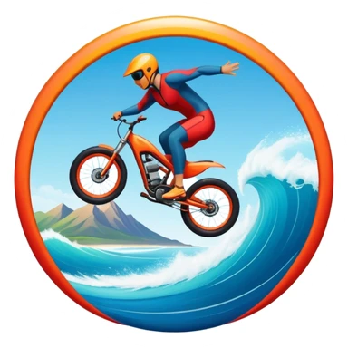 A bold, dynamic emblem combining elements of extreme sports like a mountain, a bike, surfing, ocean and a parachute, all within a circular or shield-like shape. The design conveys speed, adventure, with sharp lines and vibrant colors representing the thrill and intensity of extreme sports. sticker