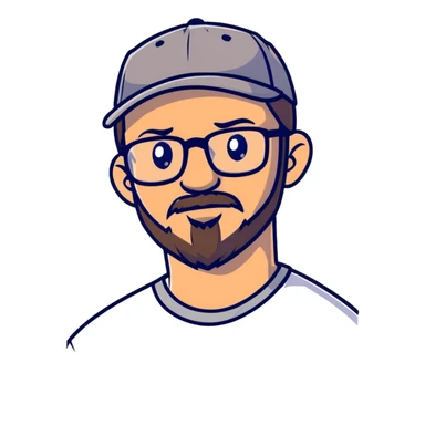 adventurer with goatee beard (no beard on cheeks), short hair, glasses and backwards baseball cap sticker