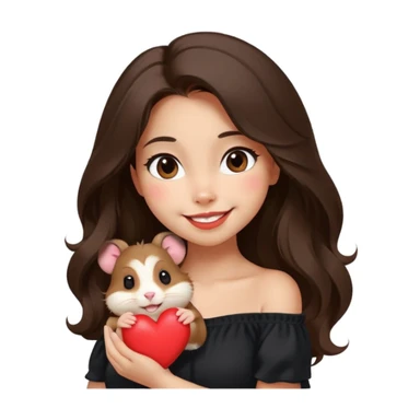modern emoji of a young woman with medium skin tone, long wavy dark brown hair, black off-shoulder top, soft smile, expressive warm eyes, cute hamster on her shoulder winking and holding a small red heart, clean cheerful charming style, soft neutral color background sticker