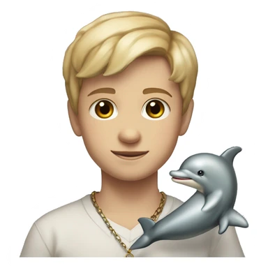 Full torso shot of short Blonde hair brown eyes 4th grade boy wearing orthodox cross necklace holding dolphin stuffed animal sticker