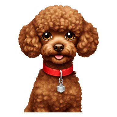 Brown toy poodle with a red colar sticker