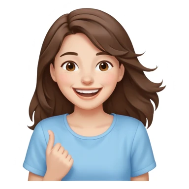 brunette girl with brown hair wearing pastel blue clothes laughing joyfully sticker
