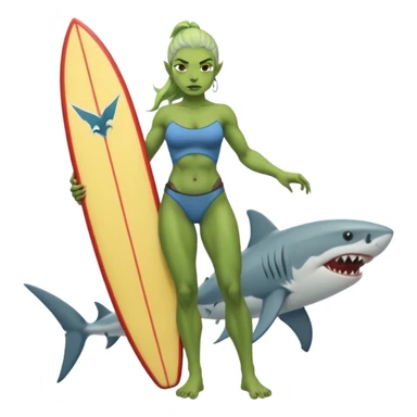 orc female holds a serfingboard with a shark painted vertically in his hands sticker