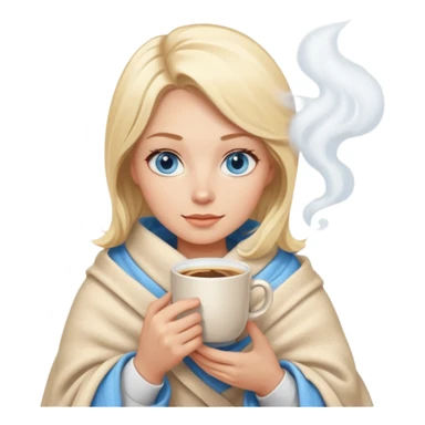 Blonde with blue eyes wrapped up in a cozy blanket with a hot coffee sticker