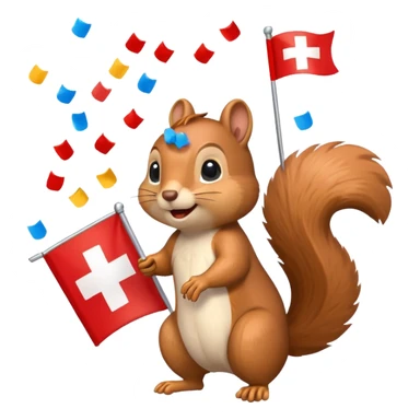 squirrel waving a Swiss flag, confetti in the air, emoji style sticker