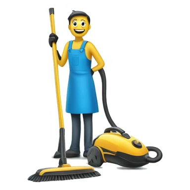broom and vacuum cleaner, set against a blue background of a home cleaning session sticker