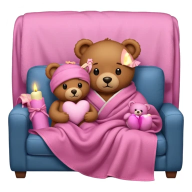 Brown teddy bear cuddling with a pink teddy bear wrapped in a blanket watching tv on couch with candles next to them sticker