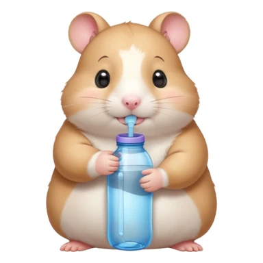 Cute chubby cartoon-style hamster hugging an oversized water bottle, sipping with tiny straw, happy expression. Painterly shading, expressive eyes, white background, sticker-style illustration sticker