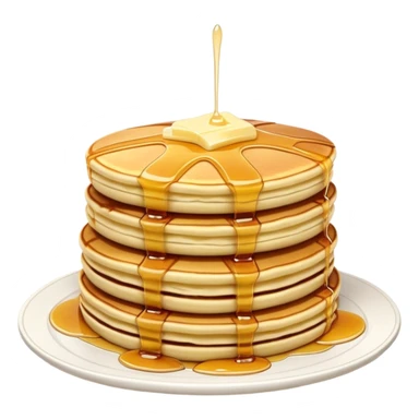 Cinematic fluffy golden pancakes, stacked high, drizzled with maple syrup, topped with fresh butter melting on top, light dusting of powdered sugar, warm and inviting, soft glow and mouthwatering. sticker