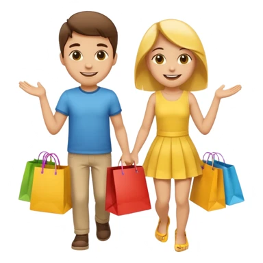 HAPPY SMILEY FACE EMOJI BOY AND GIRL WITH HANDS AND FEET WITH SHOPPING BAGS IN EACH HAND sticker