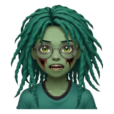 One girl greenskinned, zombie with glasses, with ombre black roots, dark teal long locks & side bang of her locs that fall over slightly covering the right eye, a sinister expression w/ the mouth open, teeth showing, and the jaw uneven. with a small wound near its mouth, her locks curly, black shirt sticker