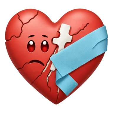 Un corazón roto con grietas  sangrando y expulsando sangre rodeado de vendas y tiritas que se despegan sin hacer efecto sticker