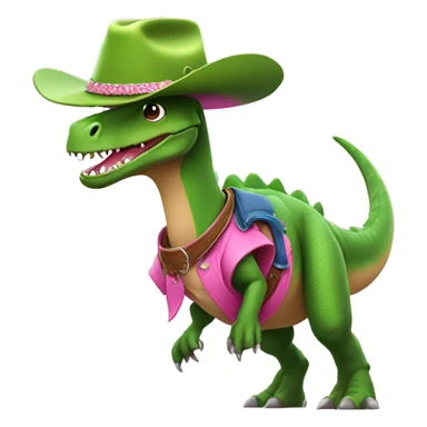 rex dinosaur surfing a pink wave dressed as a cowboy and with a green hat sticker
