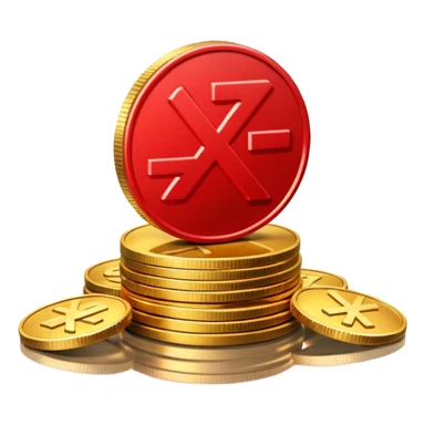 Apple emoji style, glossy 3D icon a red prohibition symbol (🚫) over a stack of shiny golden coins. The coins have soft reflections, rounded edges, and a small red X embossed on the top coin sticker