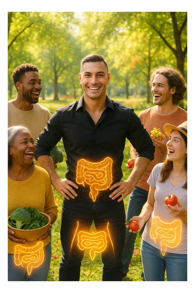  a smiling man stands at the center of a group of diverse, happy people in a bright park. Everyone has a subtle, glowing outline around their abdominal area, symbolizing a healthy gut. The group is laughing, sharing fresh fruits and vegetables, and the atmosphere is vibrant and full of energy. sticker