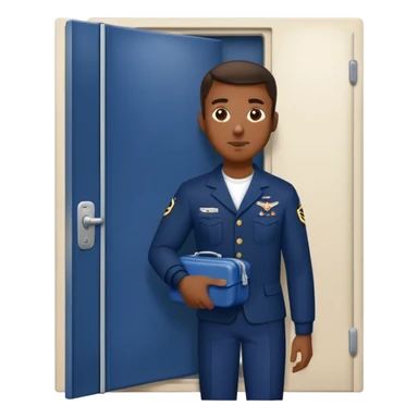 Black Man exiting door with lunch box that is navy blue sticker