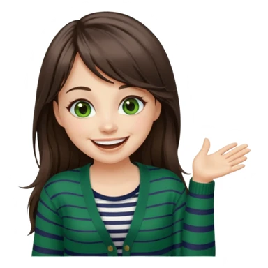 Gorgeous brunette girl green eyes, striped cardigan, with swoop bangs and long hair having fun, laughing sticker
