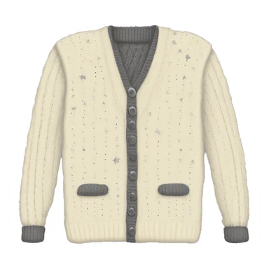 a cream cable knit sweater with a thin dark gray stripe lining the inside near the buttons and the  bottom edge of the cardigan and the sleeves and silver stars on the elbows of sleeves with  sticker