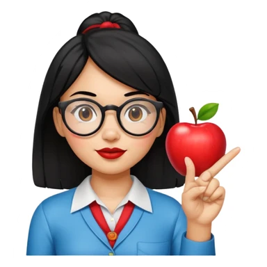 Guatemalan Girl with Black hair and Nerdy Glasses sticking up pointer finger, holding an apple sticker