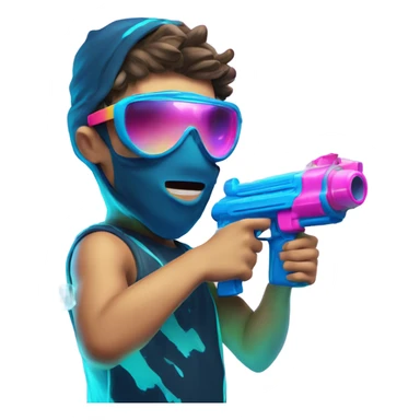 Caucasian boy in glowing rave outfit with mask, sunglasses, and headgear, shooting bubbles out of a water gun sticker