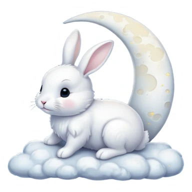 a white bunny in the foreground (no small details) and a large crescent moon in the background sticker